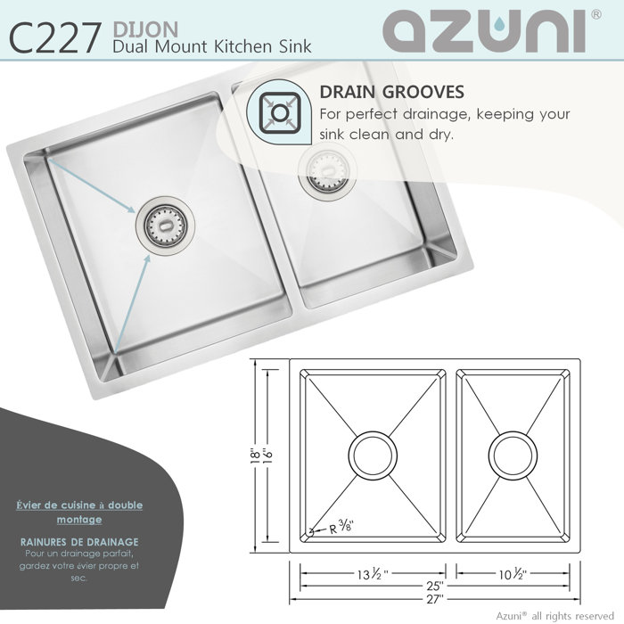 AZUNI Dual Mount 27 inch Stainless Steel Double Bowl Kitchen Sink